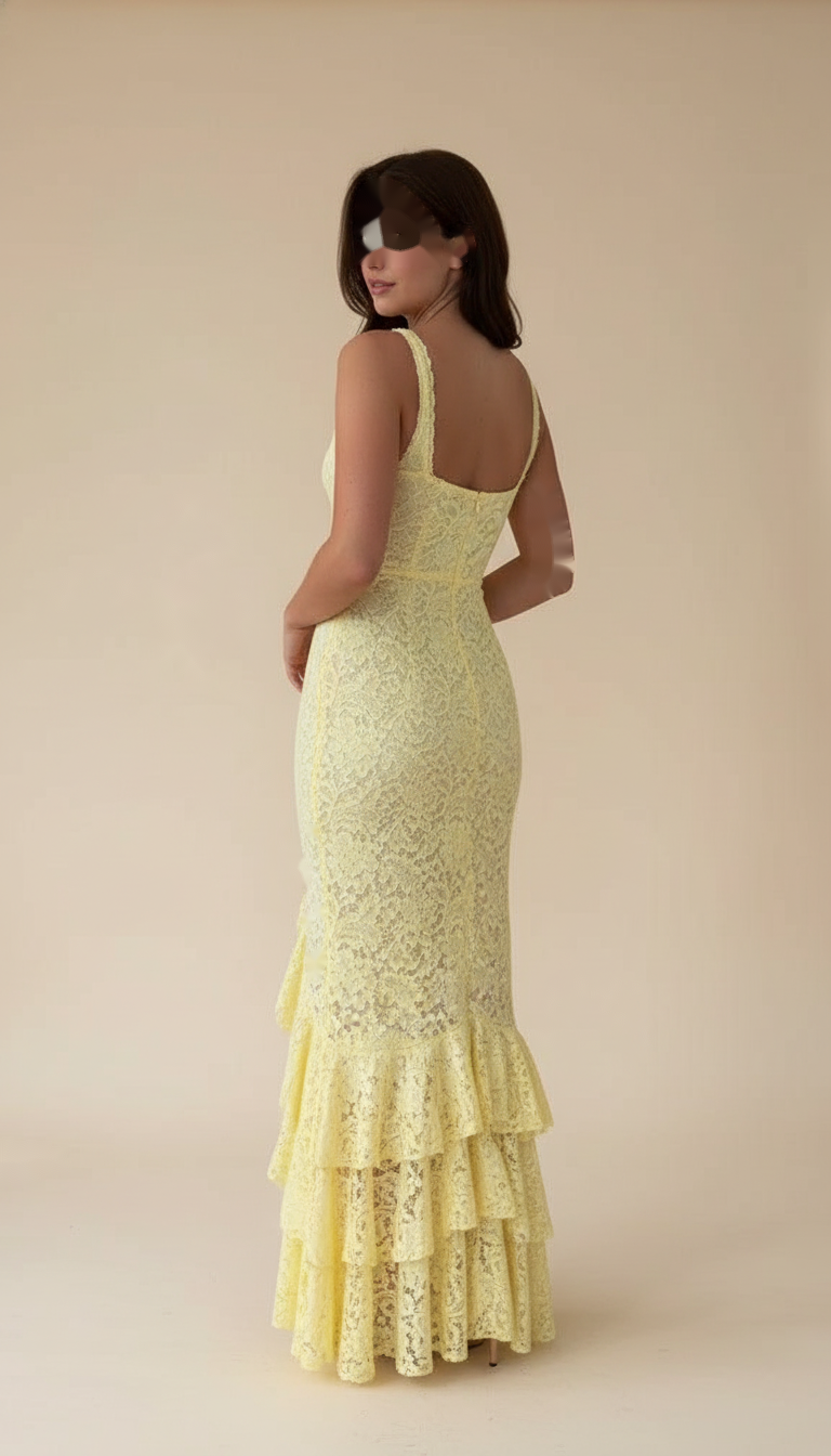 Yellow Ruffle Lace High Slit Maxi Dress product image 3