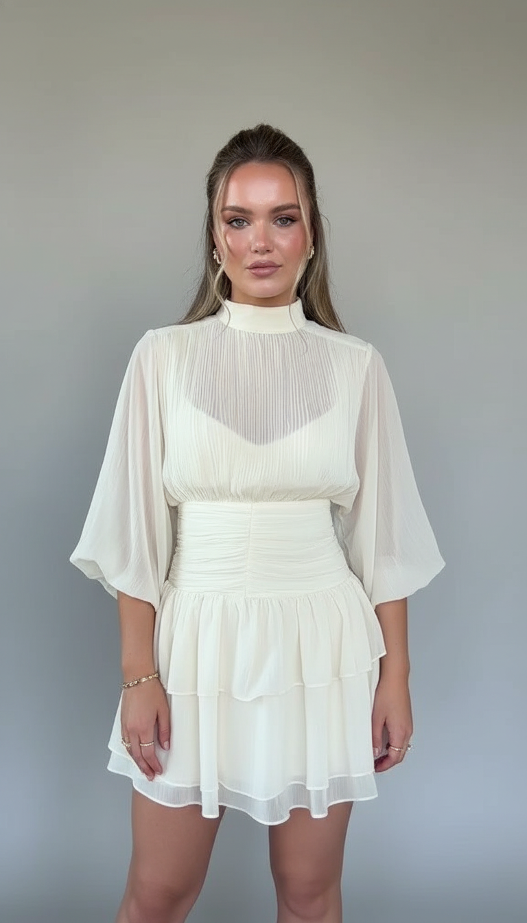 White Ruffle Pleated Ruffled Hem Mini Dress product image 3