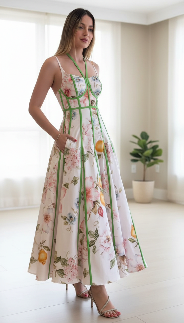White Floral Structured Contrast Piping Maxi Dress product image 3