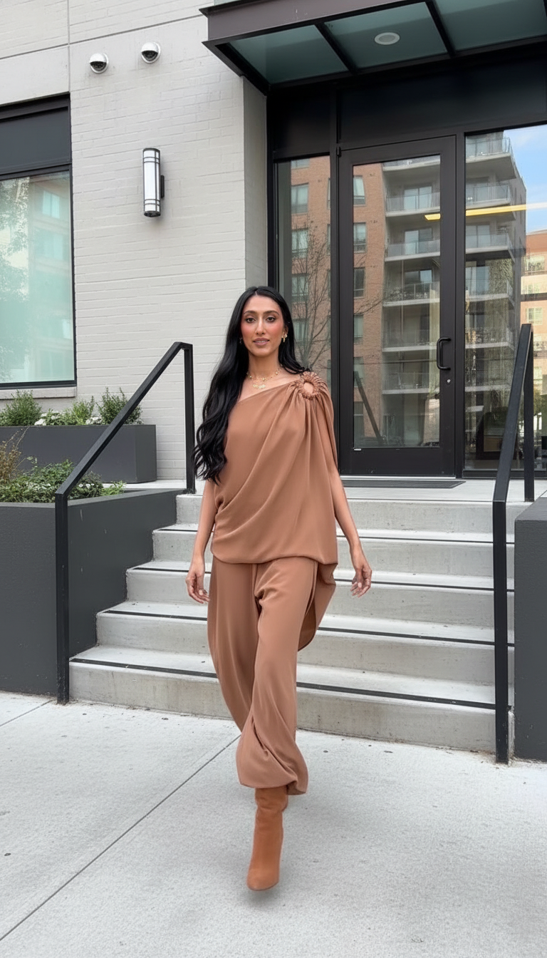 Brown Draped Design Shoulder Detail Jumpsuit product image 3