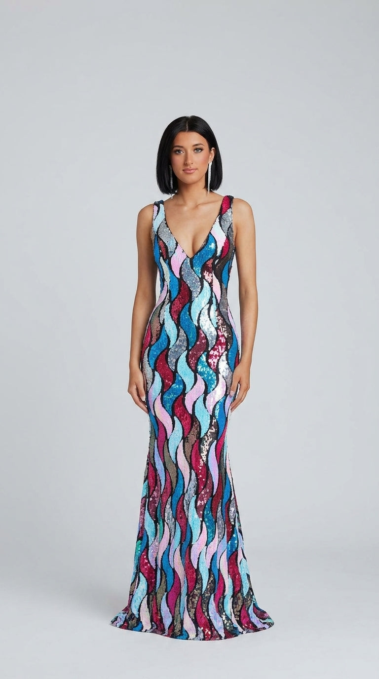 Abstract Print Backless V-Neck Satin Maxi Dress product image 3