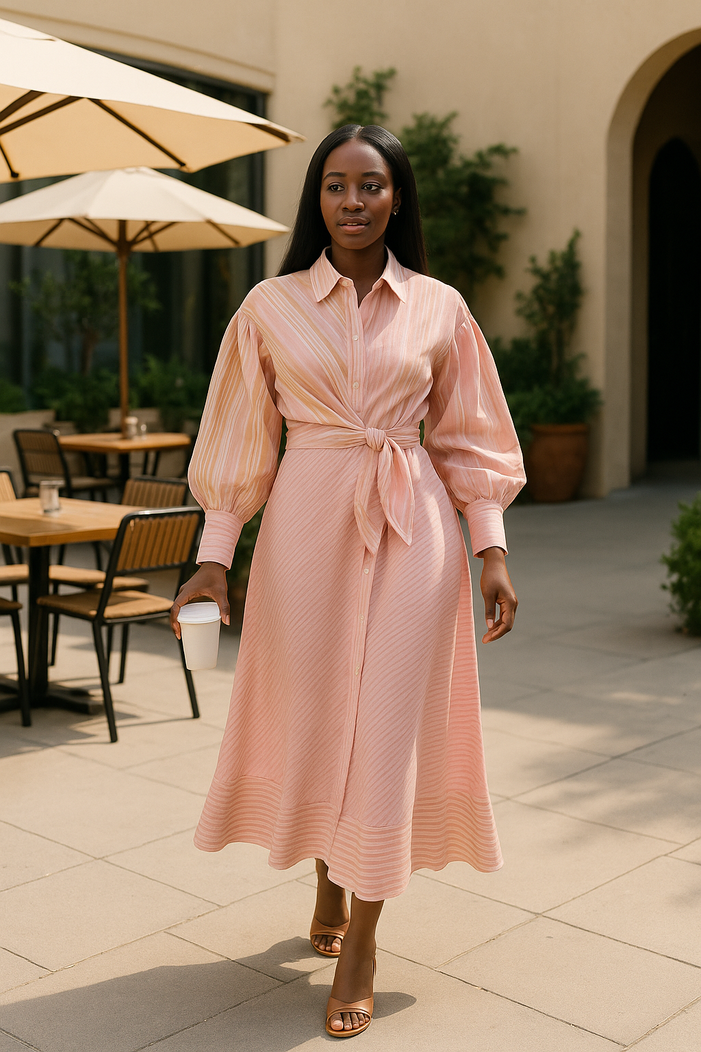 Pink Striped Waist Tie Button Front Midi Dress product image 3