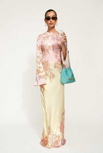 Women's Floral Print Satin Maxi Dress With Bell Sleeve Elegant Garden Vibe