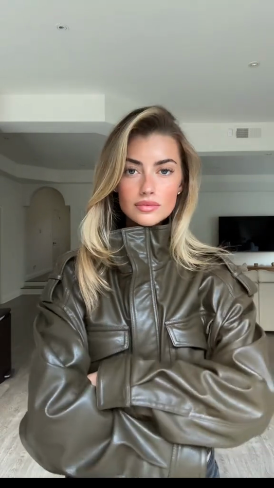 Olive Green Leather Worker Jacket