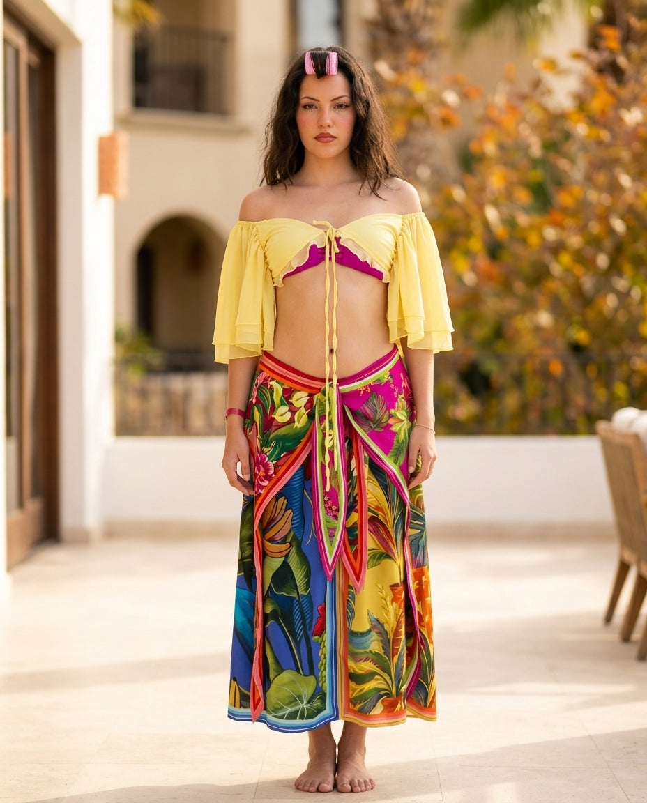 Butter Yellow Allure Evening Floral Short Set Butter Yellow Short Set with Relaxed Fit silhouette and Textured texture, lifestyle scene image for City Dinner, a gallery evening, Fall city dinners, cafe plans, gallery evenings, and polished weekend styling by floravincie