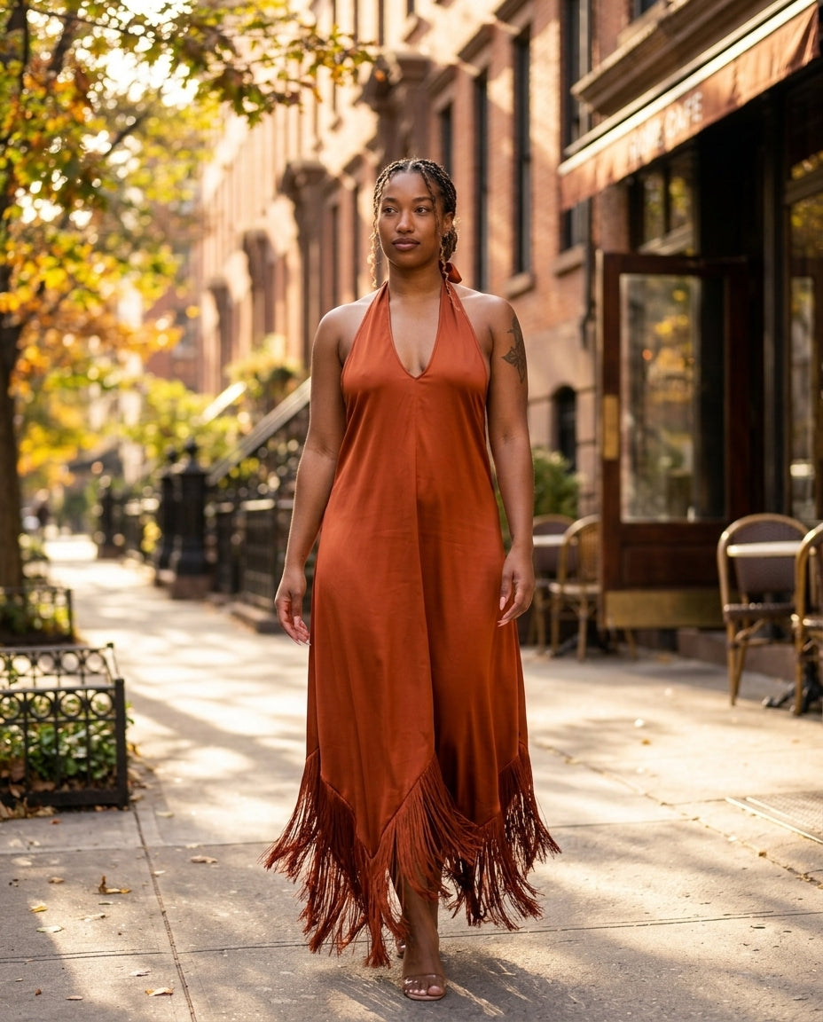 Rust Muse Wedding Guest Satin Maxi Dress Rust Maxi Dress with Relaxed Fit silhouette and Satin texture, lifestyle scene image for Wedding Guest, a fall city dinner, Fall late-summer to pre-fall transition: sell it as wearable now and still useful for Augu by floravincie