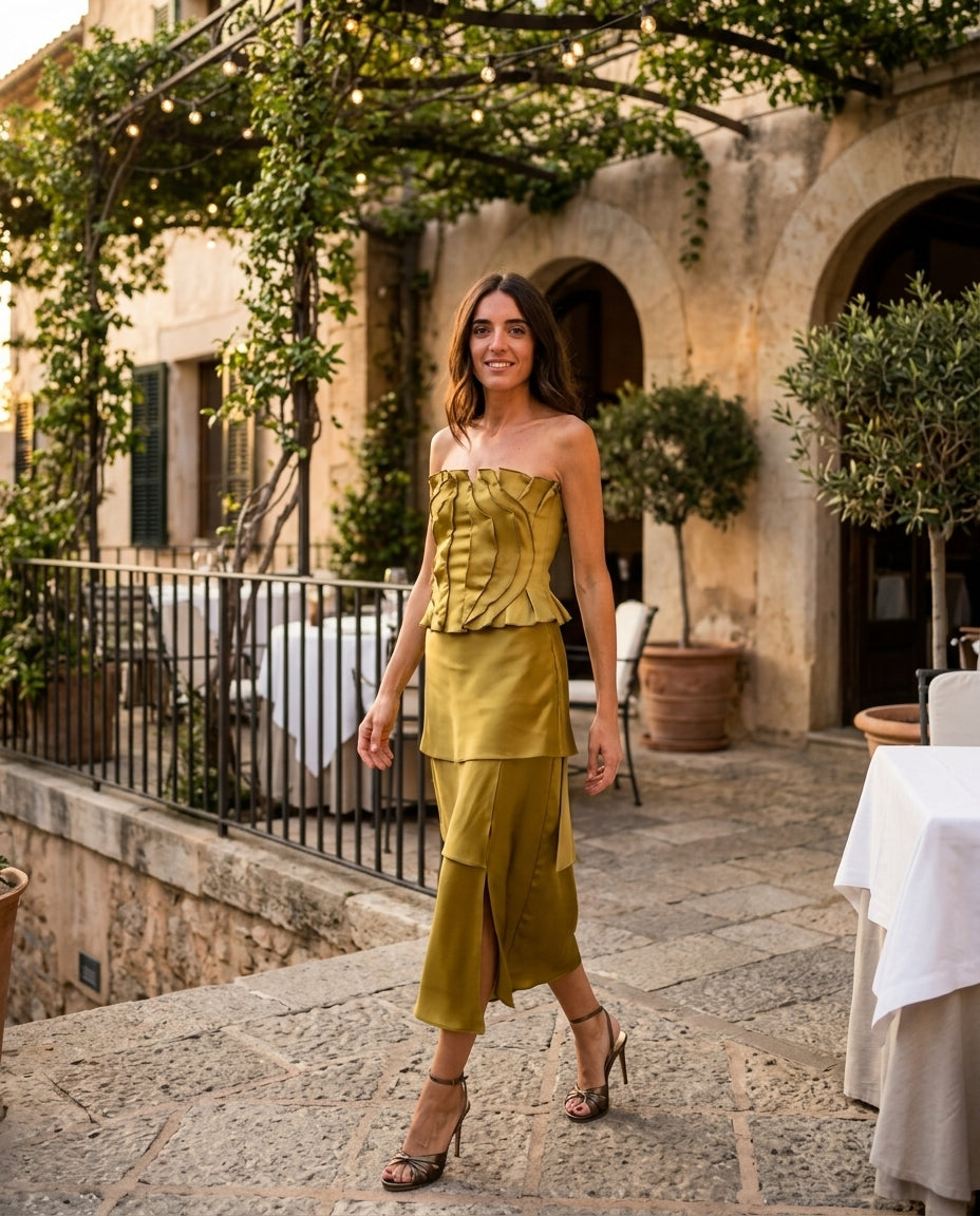 Olive Green Glow Wedding Guest Ruched Skirt Set Olive Green Skirt Set with Asymmetric silhouette and Satin texture, lifestyle scene image for Wedding Guest, an office-to-dinner transition, Fall current summer selling first with a light late-summer/pre-fal by floravincie