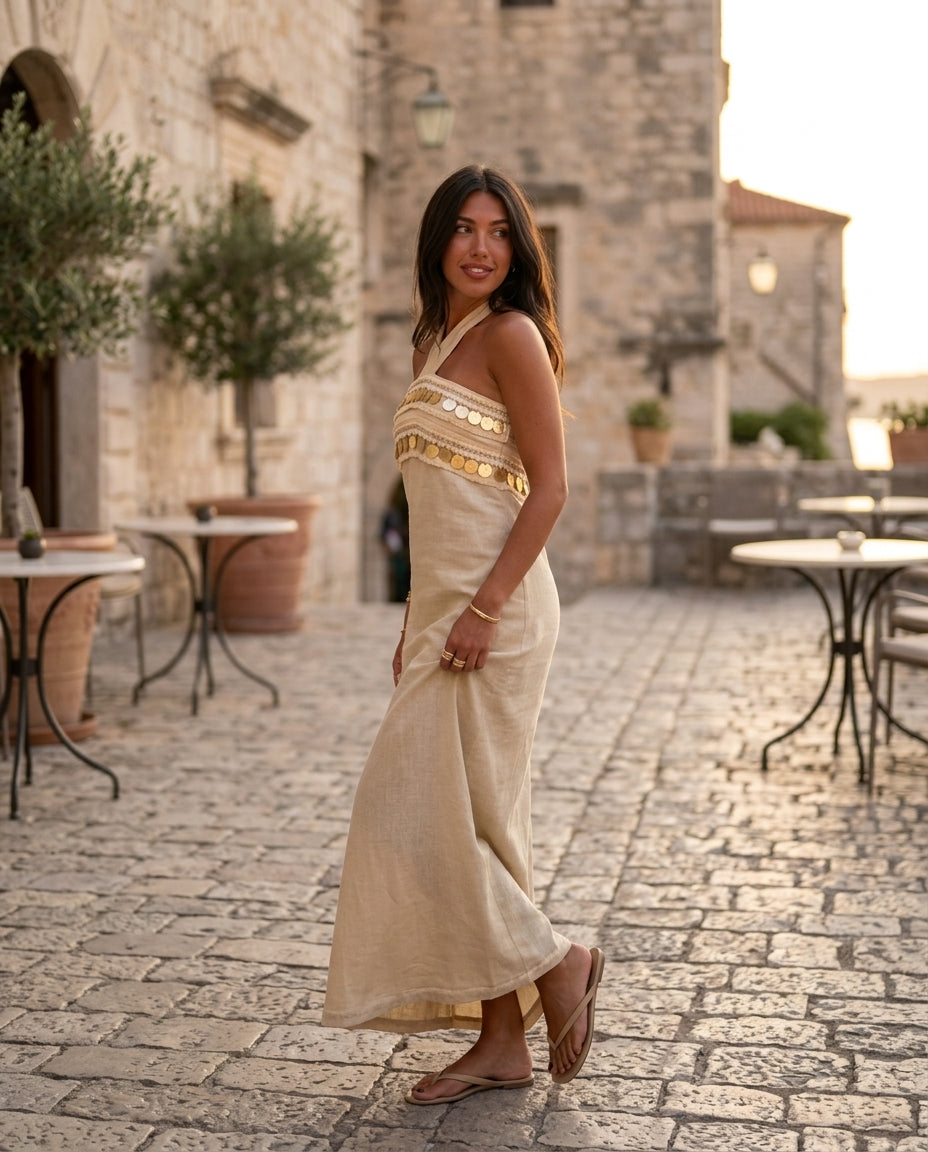 Sand Grace Evening Embroidered Maxi Dress Sand Maxi Dress with Relaxed Fit silhouette and Linen Blend texture, lifestyle scene image for City Dinner, a cafe plan, Fall city dinners, cafe plans, gallery evenings, and polished weekend styling, Euro Chic Pre by floravincie