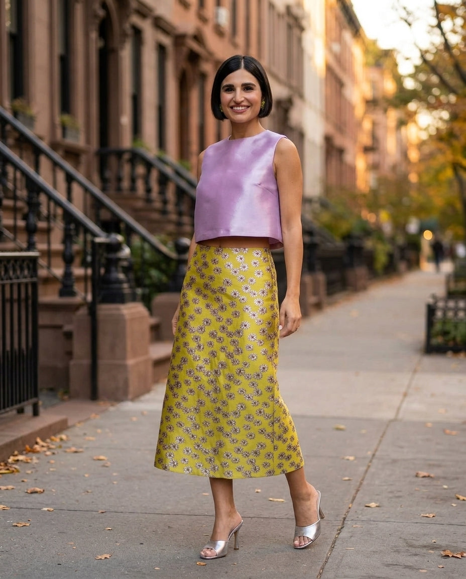 Pink Velvet Evening Floral Skirt Set Pink Skirt Set with Cropped silhouette and Satin texture, lifestyle scene image for City Dinner, an office-to-dinner transition, Fall city dinners, cafe plans, gallery evenings, and polished weekend styling, US Coastal by floravincie