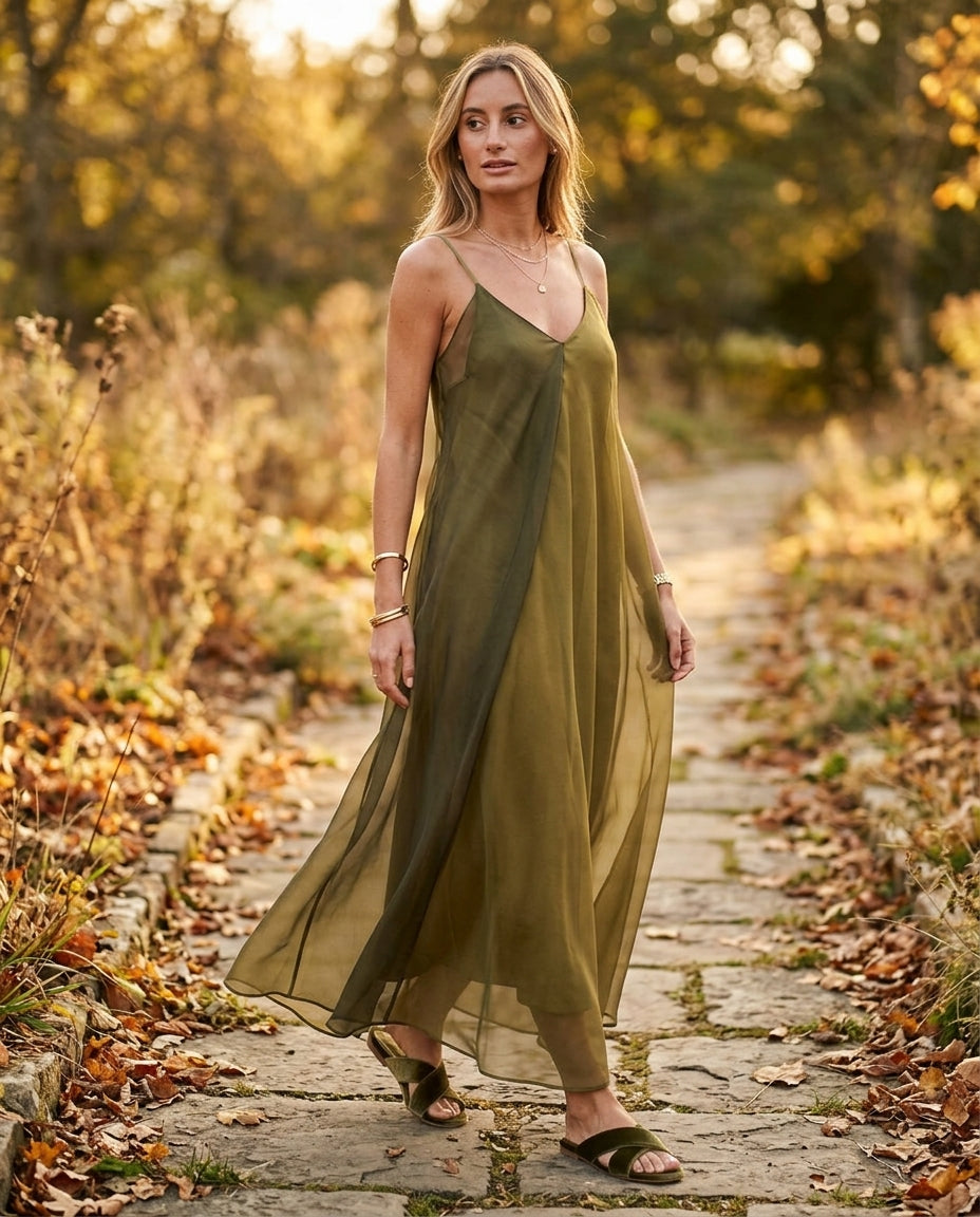 Olive Green Allure Evening Satin Maxi Dress Olive Green Maxi Dress with Asymmetric silhouette and Satin texture, lifestyle scene image for City Dinner, a gallery evening, Fall city dinners, cafe plans, gallery evenings, and polished weekend styling, US Ea by floravincie
