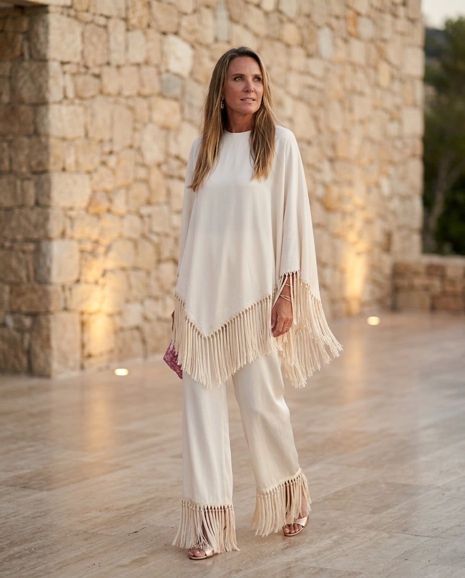 Ivory Glow Wedding Guest Linen Pant Set Ivory Pant Set with Wide-Leg silhouette and Linen Blend texture, lifestyle scene image for Wedding Guest, a cafe plan, Fall current summer selling first with a light late-summer/pre-fall accent: make it wearable now by floravincie