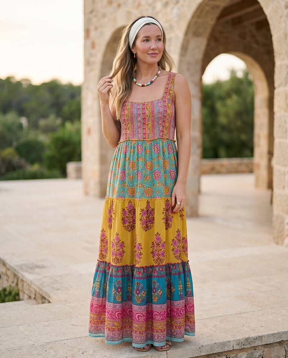 Butter Yellow Charm Wedding Guest Printed Maxi Dress Butter Yellow Maxi Dress with Relaxed Fit silhouette and Textured texture, lifestyle scene image for Wedding Guest, a cafe plan, Fall current summer selling first with a light late-summer/pre-fall accen by floravincie