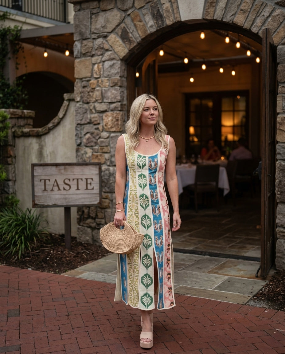 Ivory Lustre Wedding Guest Tropical Midi Dress Ivory Midi Dress with Flowing silhouette and Textured texture, lifestyle scene image for Wedding Guest, a fall city dinner, Fall current summer selling first with a light late-summer/pre-fall accent: make it by floravincie