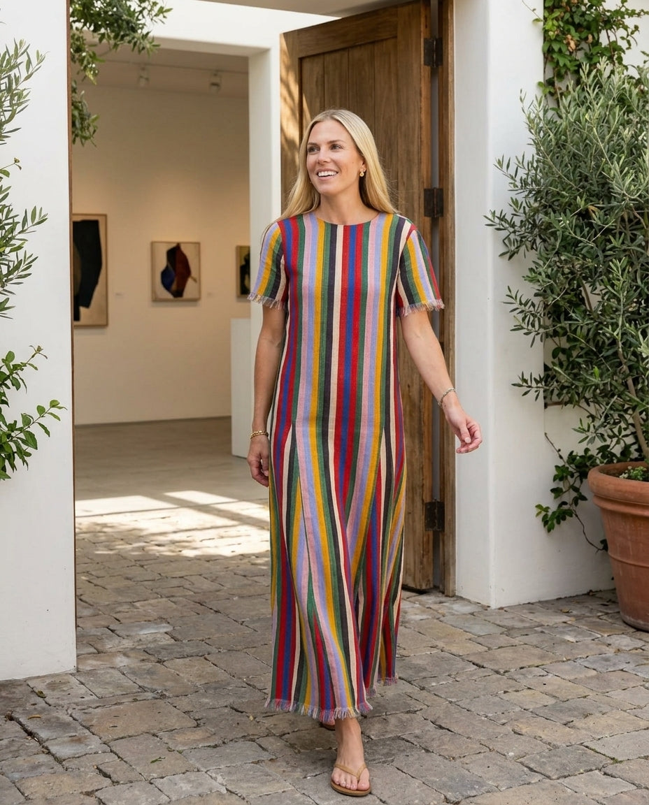 Multi-Color Reverie Wedding Guest Linen Maxi Dress Multi-Color Maxi Dress with Relaxed Fit silhouette and Linen Blend texture, lifestyle scene image for Wedding Guest, a gallery evening, Fall current summer selling first with a light late-summer/pre-fall by floravincie