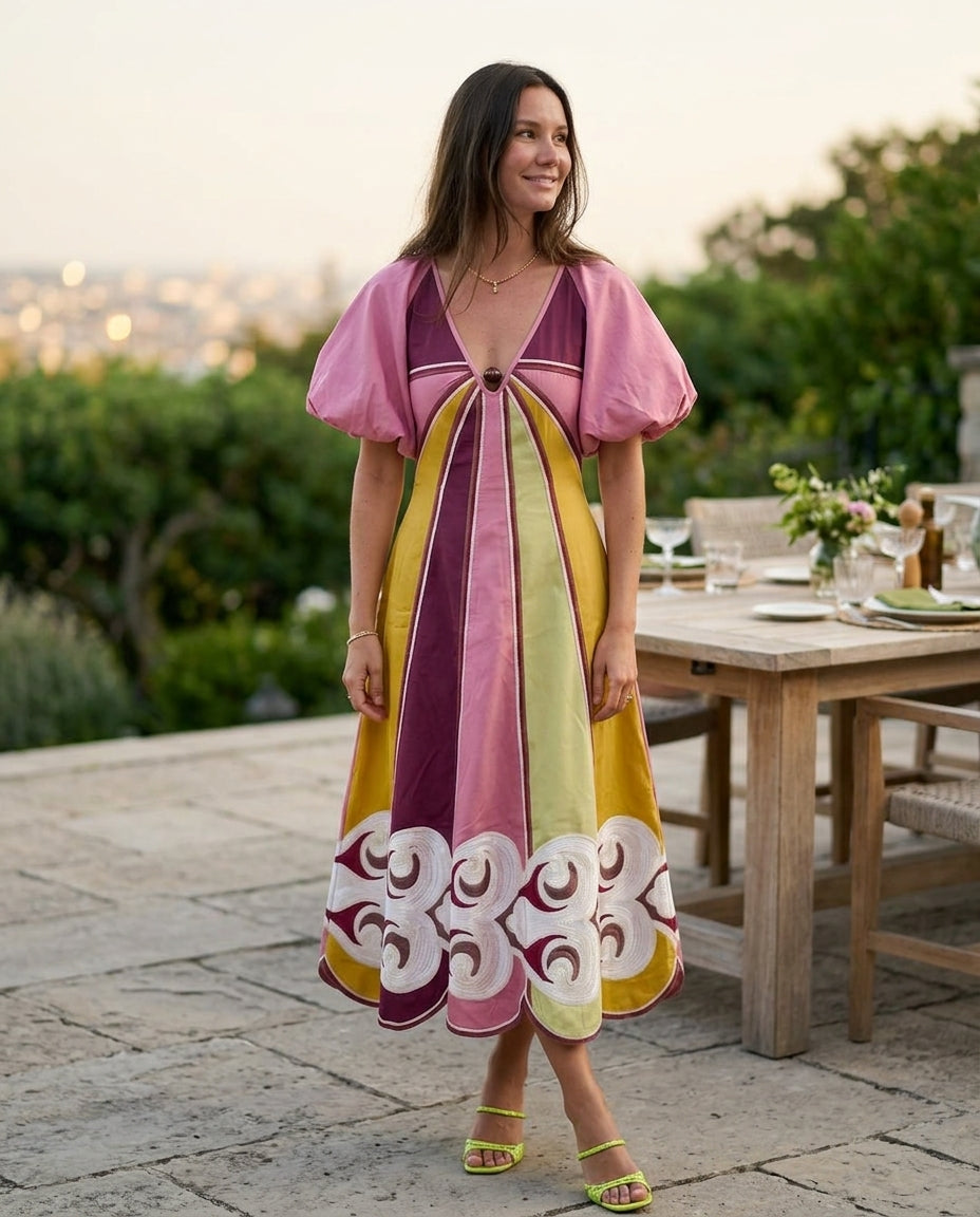 Pink Reverie Wedding Guest Embroidered Maxi Dress Pink Maxi Dress with Relaxed Fit silhouette and Textured texture, lifestyle scene image for Wedding Guest, a gallery evening, Fall current summer selling first with a light late-summer/pre-fall accent: mak by floravincie