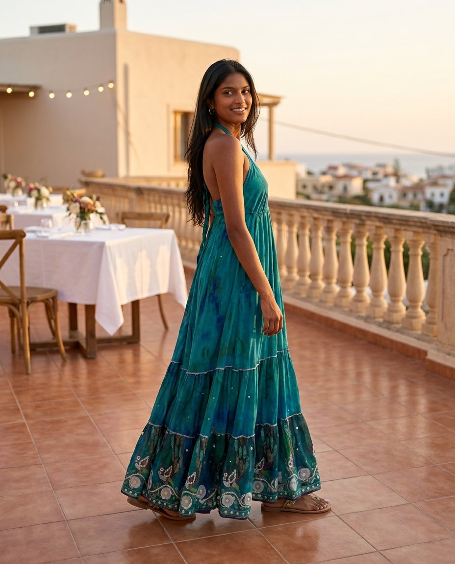 Teal Glow Wedding Guest Embroidered Maxi Dress Teal Maxi Dress with Relaxed Fit silhouette and Textured texture, lifestyle scene image for Wedding Guest, a fall city dinner, Fall current summer selling first with a light late-summer/pre-fall accent: make by floravincie