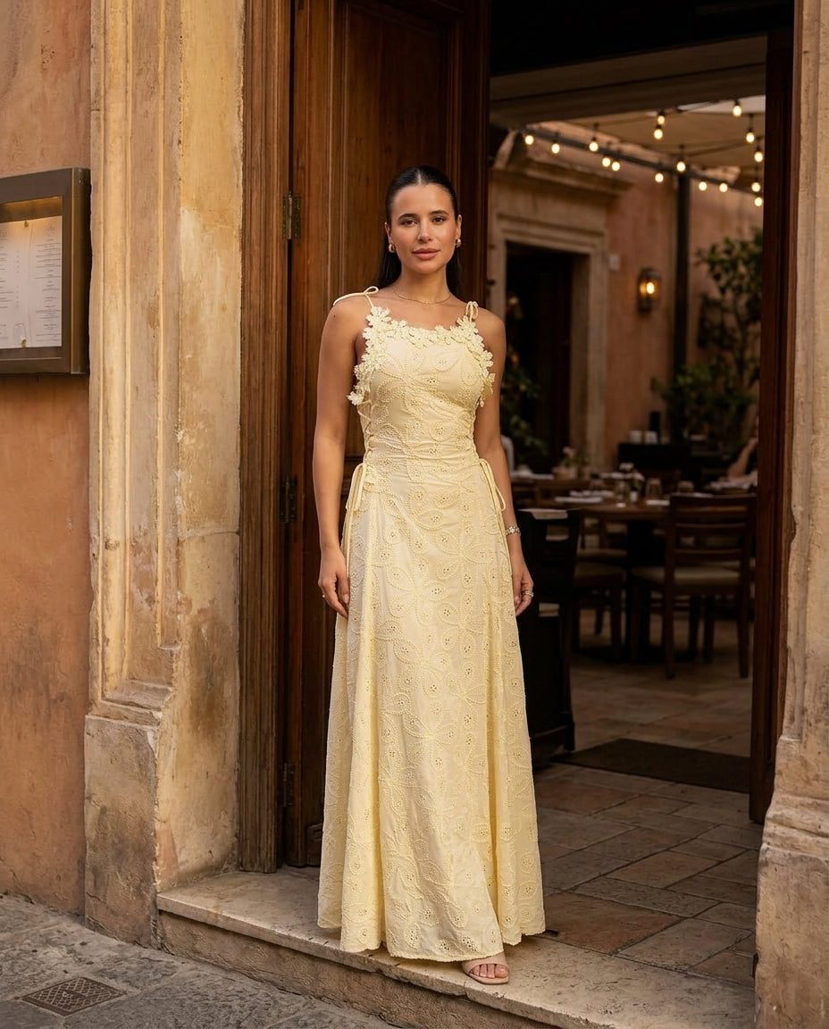 Light Yellow Velvet Wedding Guest Eyelet Maxi Dress Light Yellow Maxi Dress with Relaxed Fit silhouette and Textured texture, lifestyle scene image for Wedding Guest, a cafe plan, Fall current summer selling first with a light late-summer/pre-fall accent: by floravincie