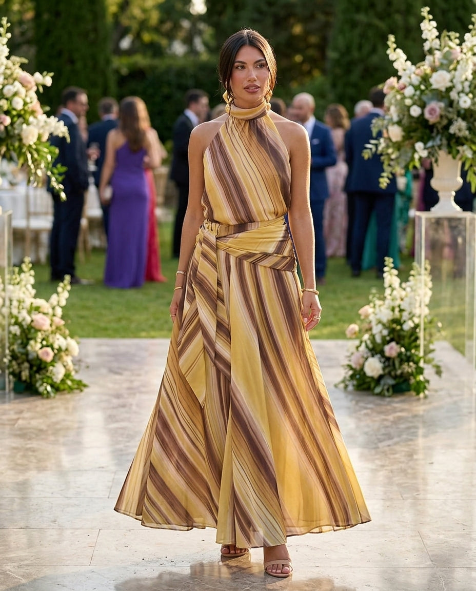 Butter Yellow Muse Wedding Guest Striped Maxi Dress Butter Yellow Maxi Dress with Relaxed Fit silhouette and Textured texture, lifestyle scene image for Wedding Guest, a gallery evening, Fall current summer selling first with a light late-summer/pre-fall by floravincie