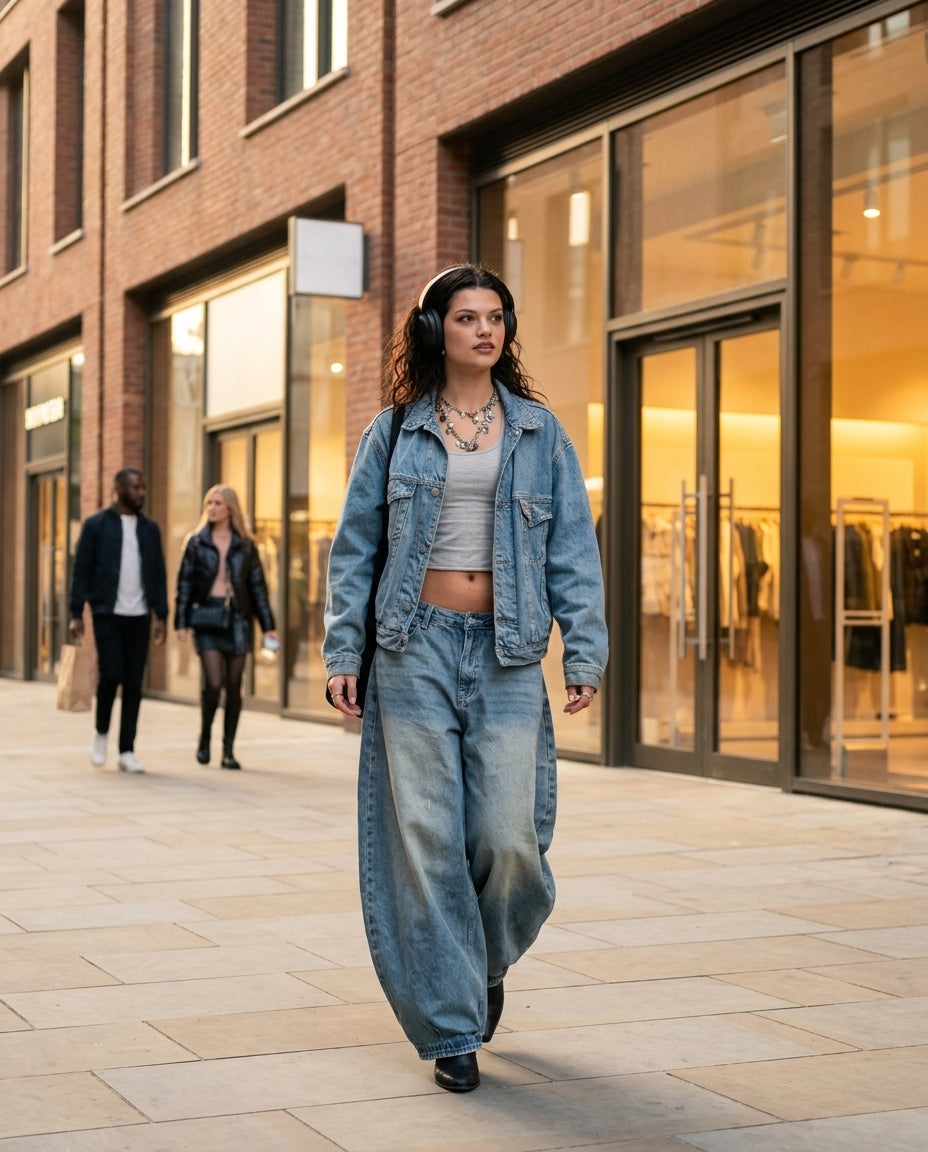 Denim Gleam Wedding Guest Jacket Denim Jacket with Wide-Leg silhouette and Textured texture, lifestyle scene image for Wedding Guest, a gallery evening, Fall current summer selling first with a light late-summer/pre-fall accent: make it wearable now for s by floravincie
