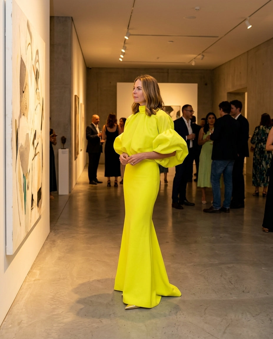 Neon Yellow Glow Wedding Guest Maxi Dress Neon Yellow Maxi Dress with Cropped silhouette and Textured texture, lifestyle scene image for Wedding Guest, a cafe plan, Fall current summer selling first with a light late-summer/pre-fall accent: make it wearab by floravincie