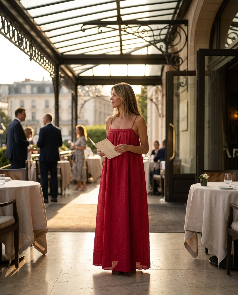Fuchsia Gleam Wedding Guest Printed Maxi Dress Fuchsia Maxi Dress with Relaxed Fit silhouette and Satin texture, lifestyle scene image for Wedding Guest, a cafe plan, Fall current summer selling first with a light late-summer/pre-fall accent: make it wear by floravincie