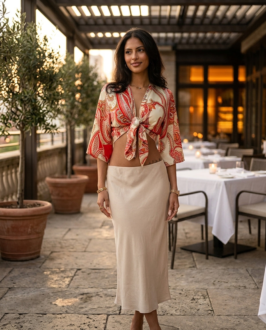 Red Lustre Wedding Guest Printed Skirt Set Red Skirt Set with Cropped silhouette and Satin texture, lifestyle scene image for Wedding Guest, a fall city dinner, Fall current summer selling first with a light late-summer/pre-fall accent: make it wearable n by floravincie