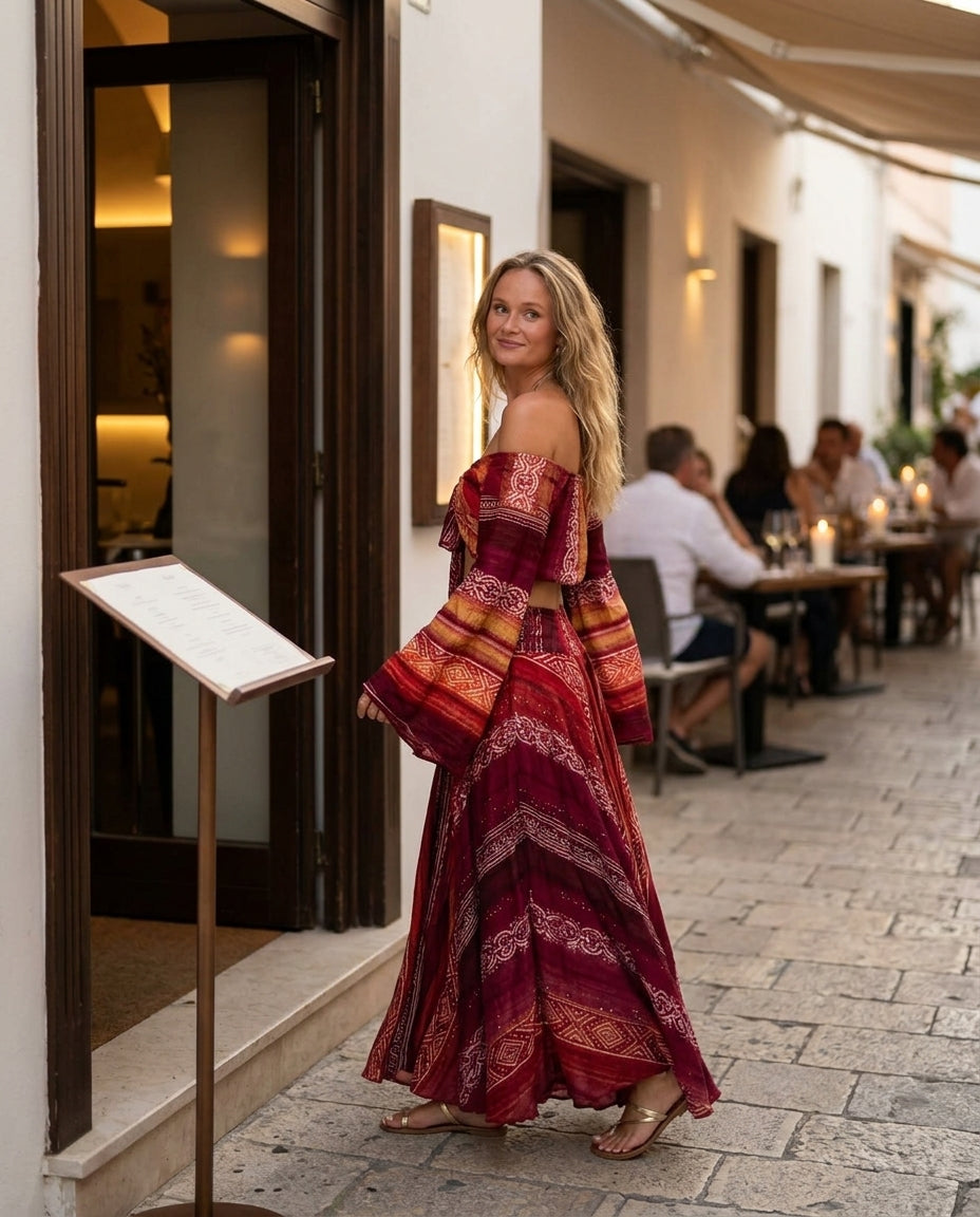 Red Reverie Wedding Guest Printed Skirt Set Red Skirt Set with Wide-Leg silhouette and Textured texture, lifestyle scene image for Wedding Guest, a gallery evening, Fall current summer selling first with a light late-summer/pre-fall accent: make it wearab by floravincie