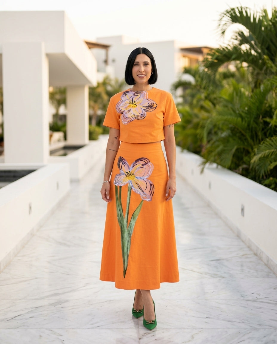 Orange Whisper Wedding Guest Floral Skirt Set Orange Skirt Set with Asymmetric silhouette and Textured texture, lifestyle scene image for Wedding Guest, a gallery evening, Fall current summer selling first with a light late-summer/pre-fall accent: make it by floravincie
