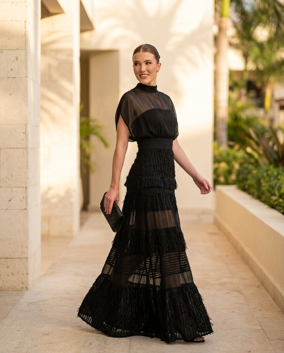 Black Charm Evening Lace Maxi Dress Black Maxi Dress with Asymmetric silhouette and Textured texture, lifestyle scene image for Date Night, a Palm Springs weekend, US Coastal Glam