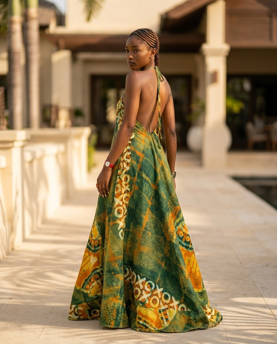 Sage Velvet Resort Abstract Print Maxi Dress Sage Maxi Dress with Relaxed Fit silhouette and Textured texture, lifestyle scene image for Resort Wear, a polished coastal brunch, US East / Hamptons Elite