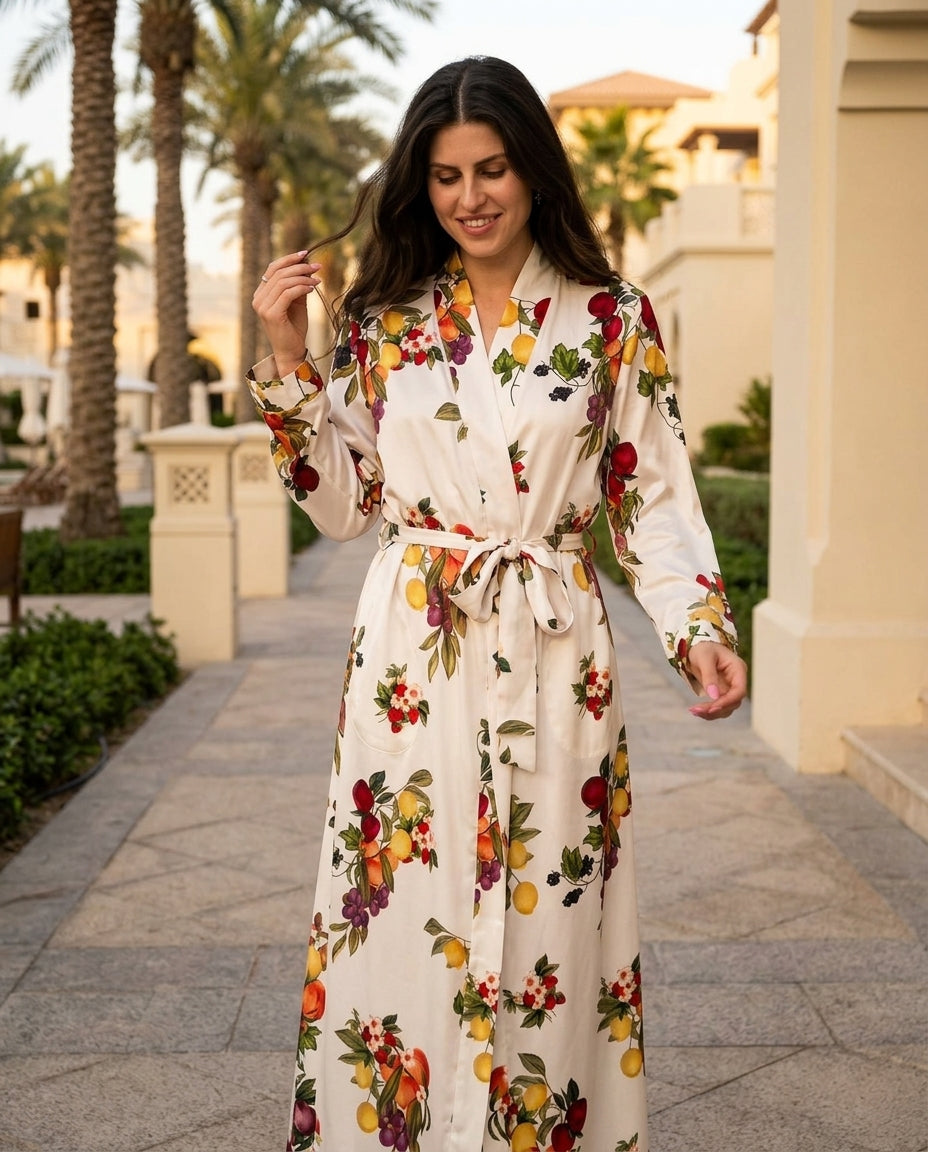 Ivory Aura Resort Printed Jacket Ivory Jacket with Asymmetric silhouette and Satin texture, lifestyle scene image for Resort Wear, a London dinner reservation, Euro Chic Premium