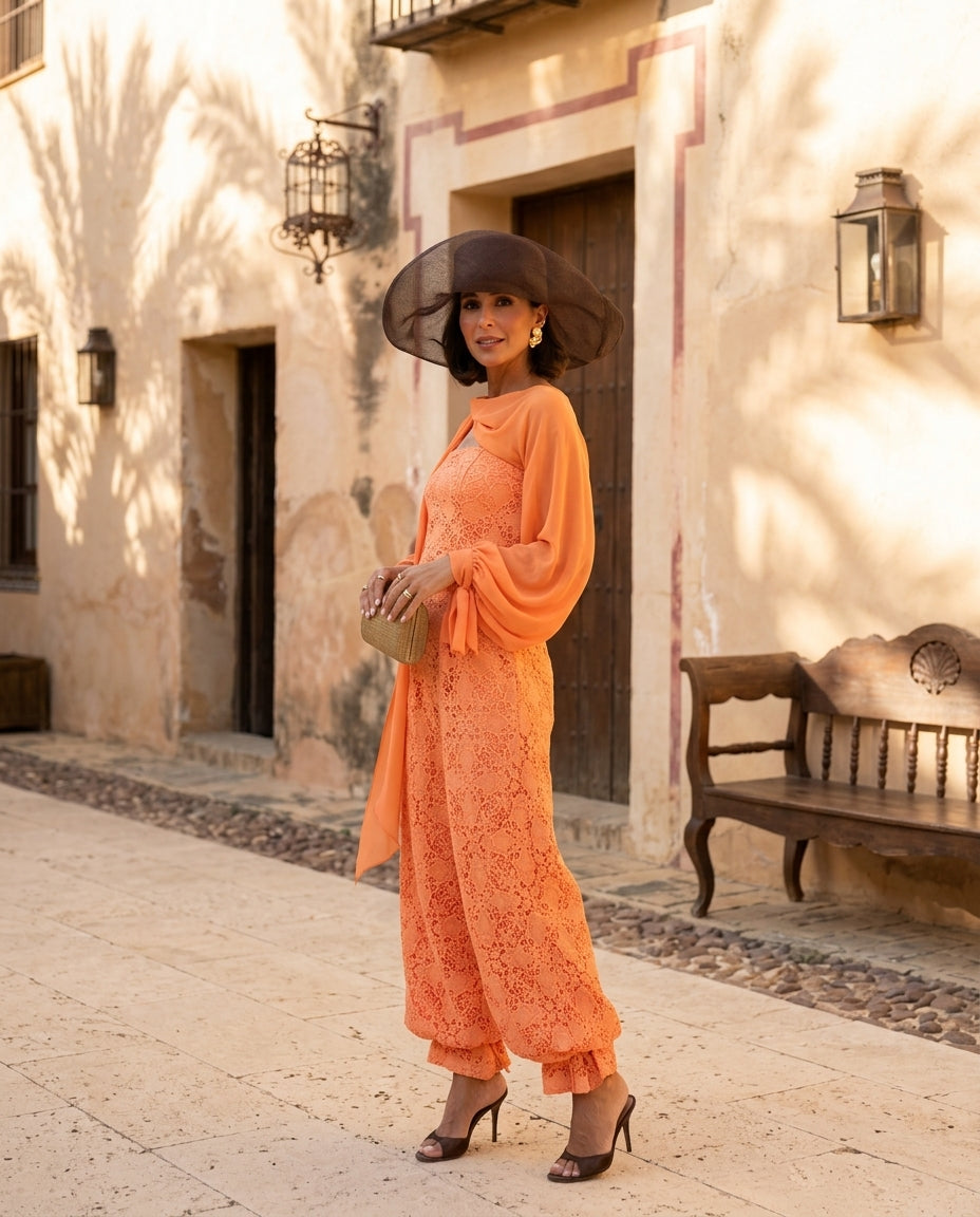 Orange Grace Summer Lace Jacket Orange Jacket with Wide-Leg silhouette and Textured texture, lifestyle scene image for Business Casual, Evening in Amalfi, Euro Chic Premium