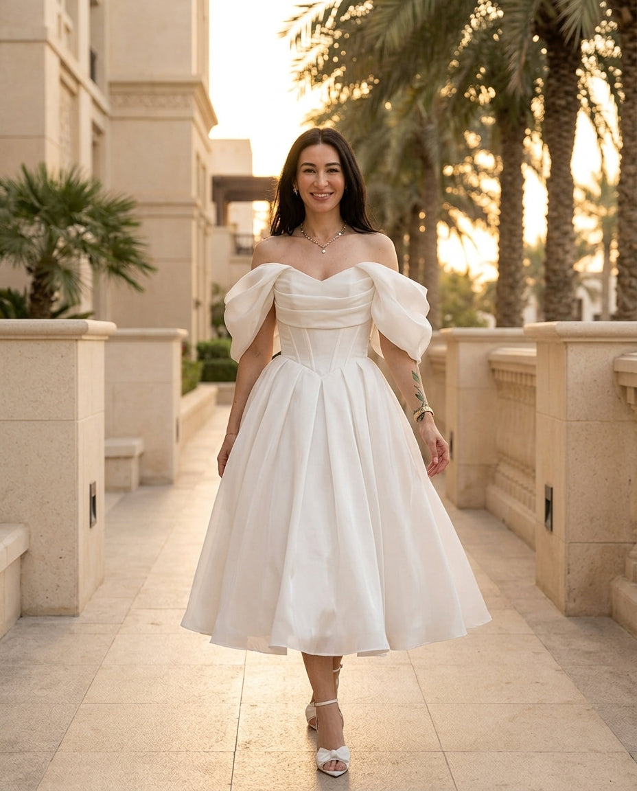 Ivory Velvet Evening Satin Maxi Dress Ivory Maxi Dress with Structured silhouette and Satin texture, lifestyle scene image for Date Night, a private garden lunch, US East / Hamptons Elite