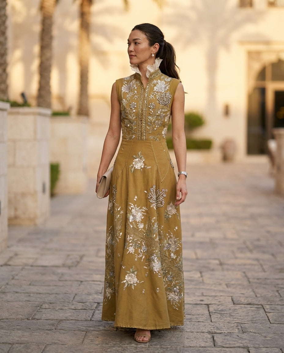 Mustard Yellow Grace Summer Embroidered Maxi Dress Mustard Yellow Maxi Dress with Relaxed Fit silhouette and Textured texture, lifestyle scene image for Wedding Guest, an estate dinner at golden hour, US East / Hamptons Elite by floravincie