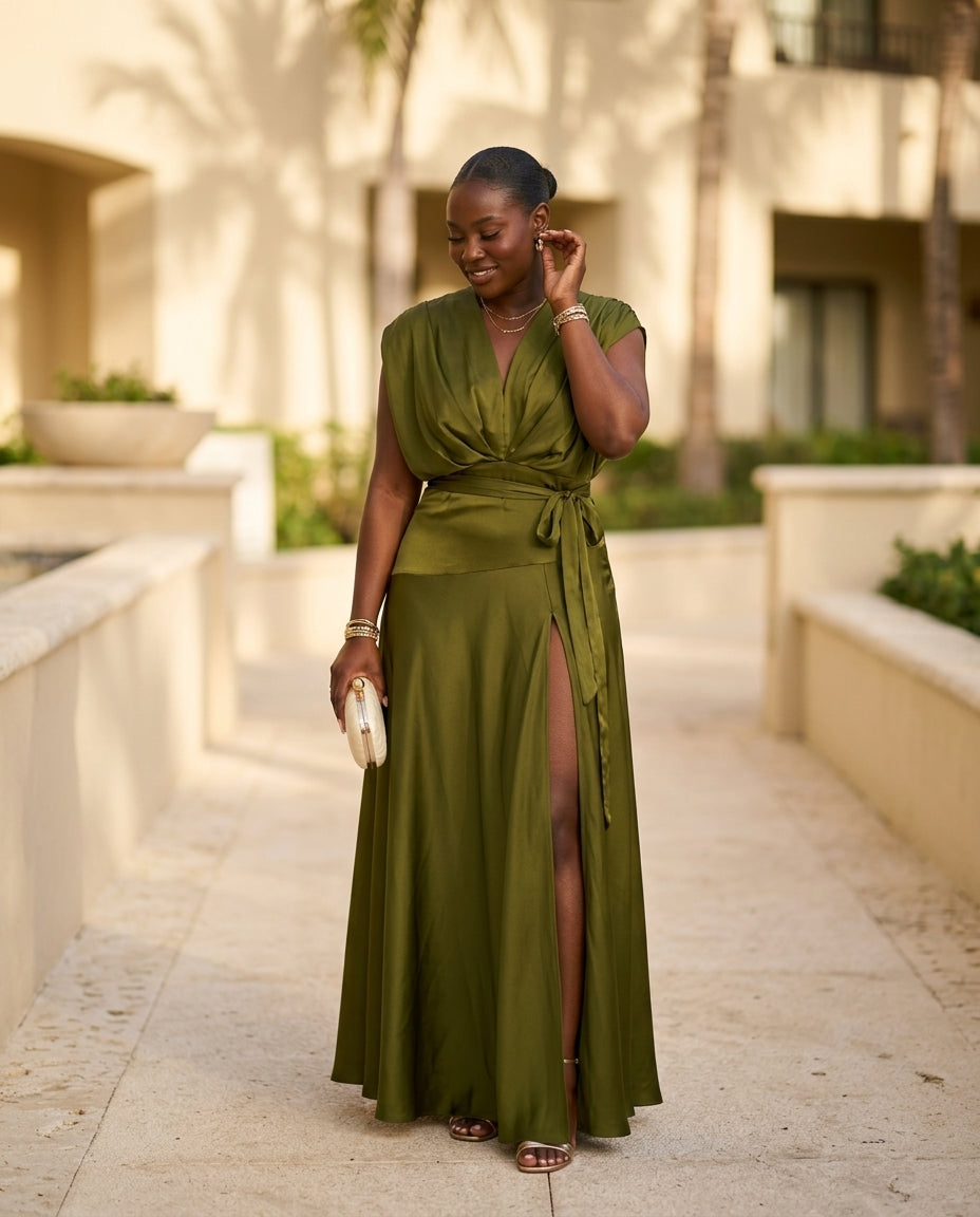 Olive Green Grace Summer Satin Maxi Dress Olive Green Maxi Dress with Asymmetric silhouette and Satin texture, lifestyle scene image for Resort Dinner, Brunch in SoHo, US Coastal Glam by floravincie