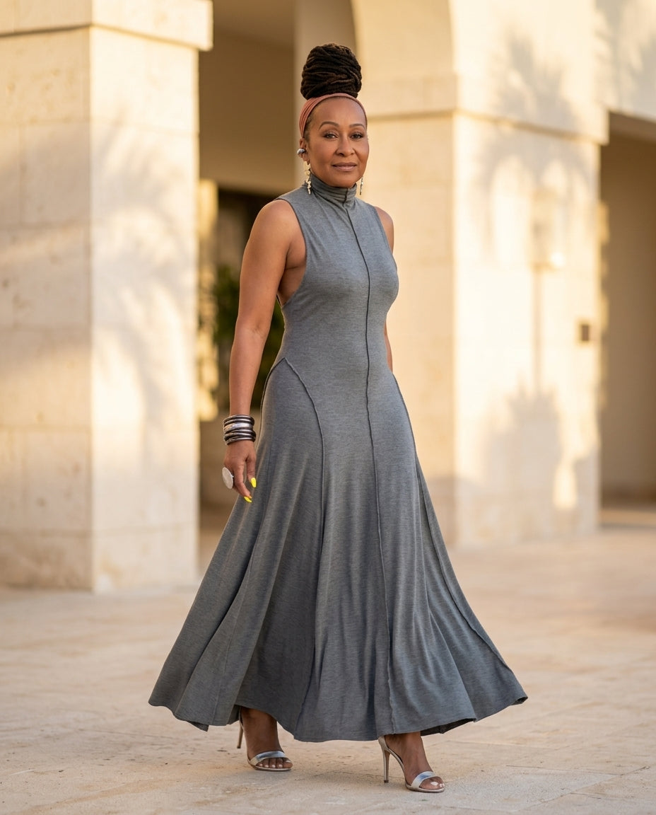 Grey Muse Summer Maxi Dress Grey Maxi Dress with Asymmetric silhouette and Ribbed Knit texture, lifestyle scene image for Vacation Evening, a Palm Springs weekend, US Coastal Glam by floravincie