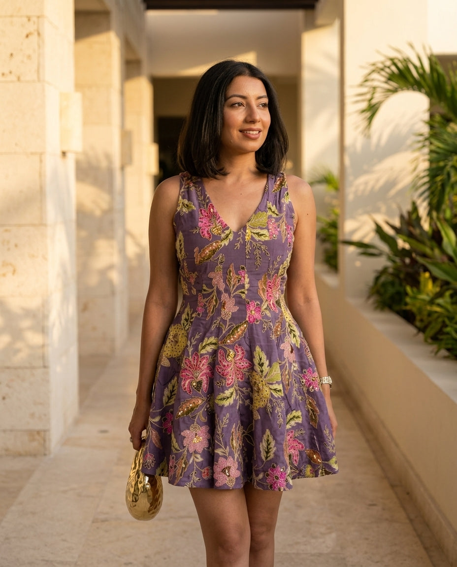 Lilac Reverie Resort Embroidered Romper Lilac Romper with Relaxed Fit silhouette and Textured texture, lifestyle scene image for Resort Wear, a rooftop dinner in LA, US Coastal Glam by floravincie
