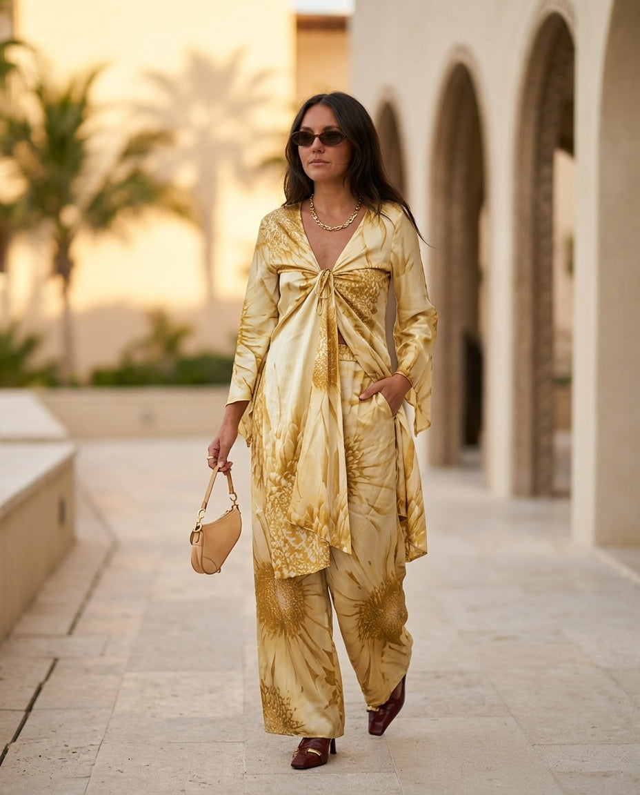 Light Yellow Charm Resort Floral Pant Set Light Yellow Pant Set with Wide-Leg silhouette and Satin texture, lifestyle scene image for Resort Wear, Evening in Amalfi, Euro Chic Premium by floravincie