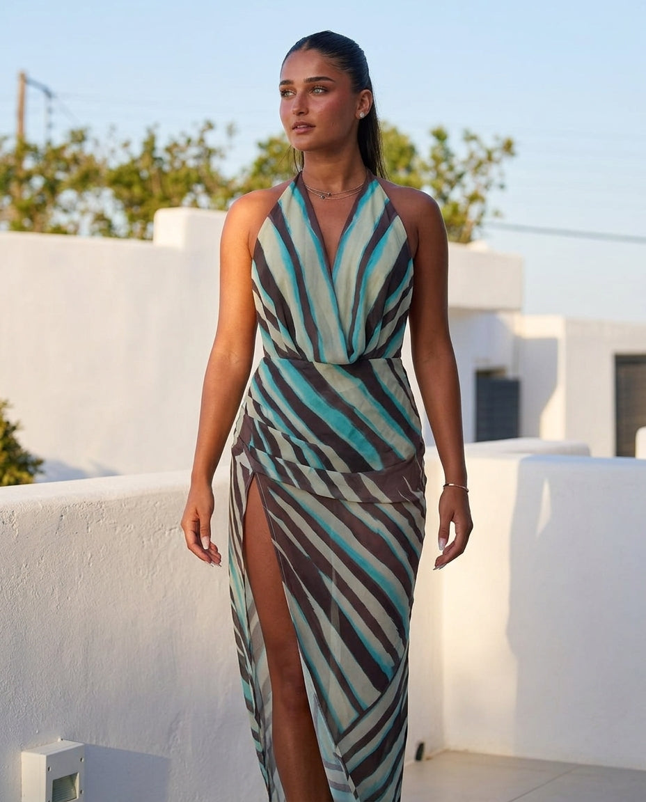 Brown Solace Evening Abstract Print Maxi Dress Brown Maxi Dress with Asymmetric silhouette and Textured texture, lifestyle scene image for Resort Wear, a Palm Springs weekend, US Coastal Glam by floravincie