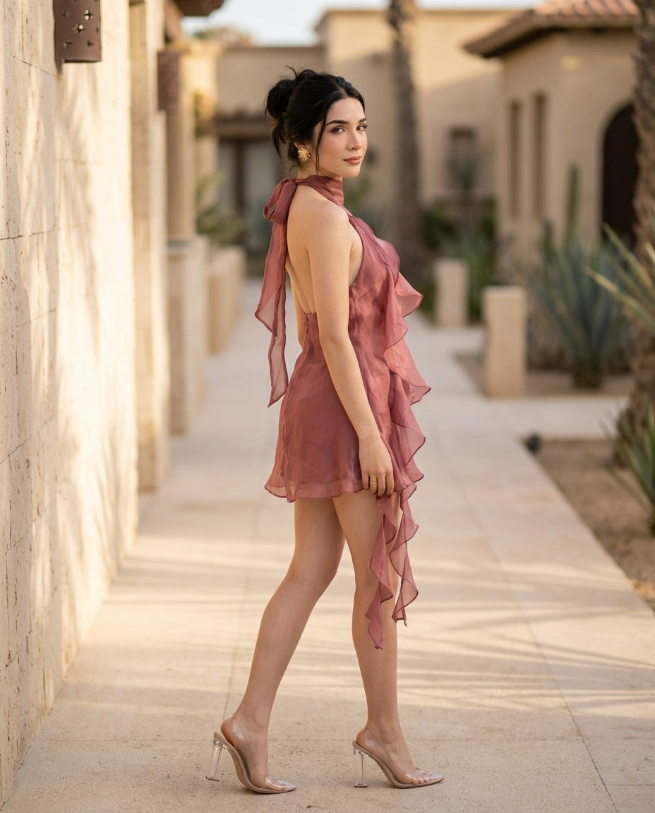 Mauve Aura Evening Ruffled Maxi Dress Mauve Maxi Dress with Asymmetric silhouette and Textured texture, lifestyle scene image for Date Night, a Palm Springs weekend, US Coastal Glam by floravincie