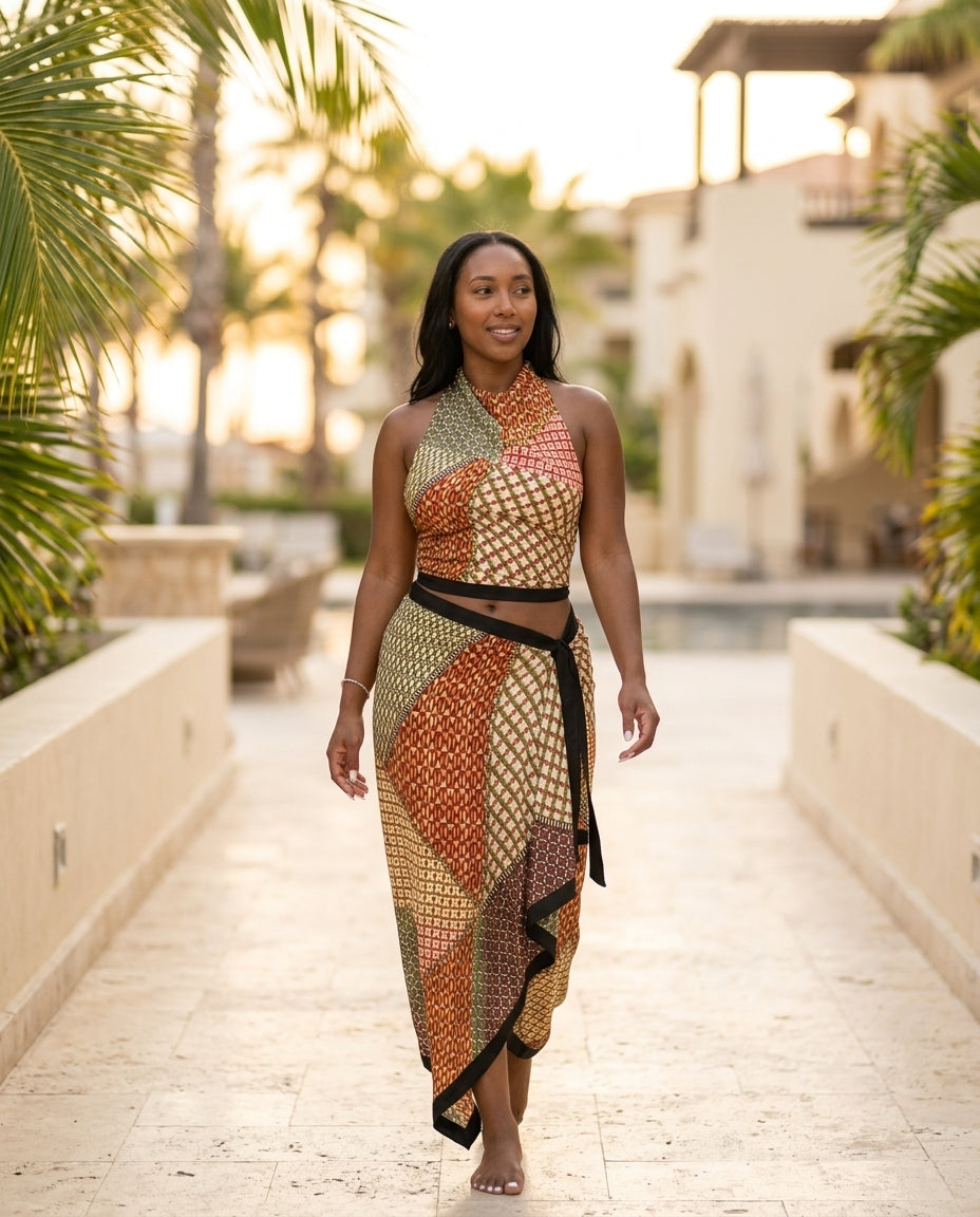 Multi-Color Grace Resort Abstract Print Skirt Set Multi-Color Skirt Set with Asymmetric silhouette and Satin texture, lifestyle scene image for Resort Wear, Brunch in SoHo, US Coastal Glam by floravincie