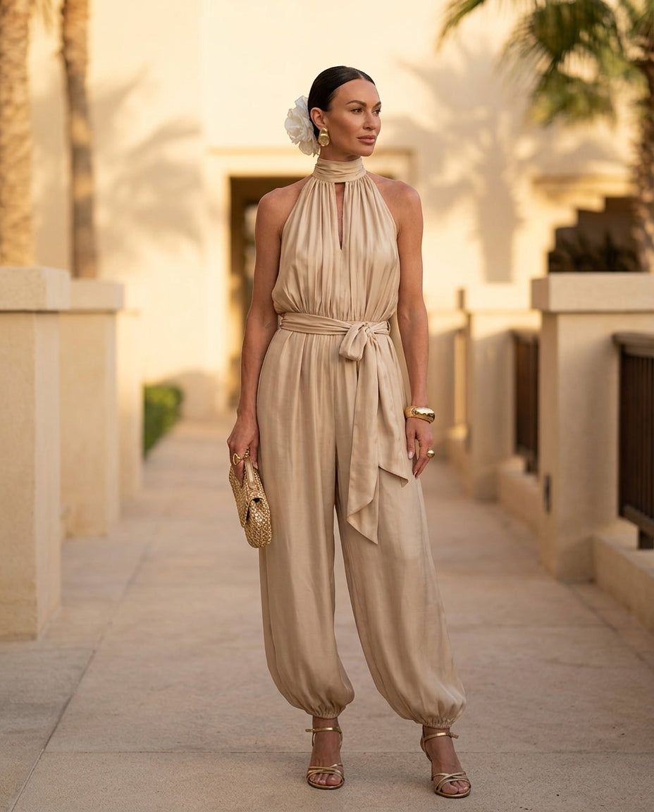 Sand Charm Summer Halter Romper Sand Romper with Relaxed Fit silhouette and Textured texture, lifestyle scene image for City Evening, a London dinner reservation, Euro Chic Premium by floravincie