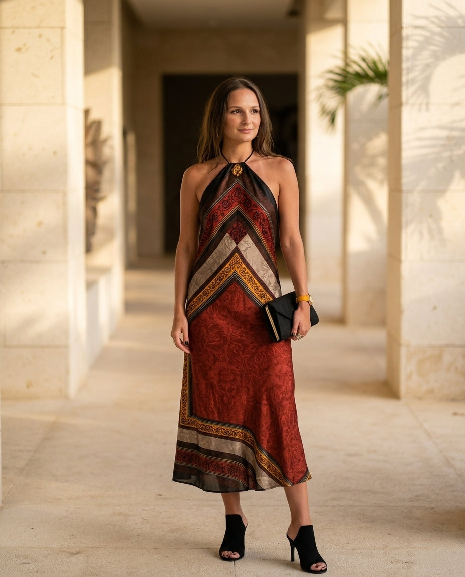 Rust Glow Resort Printed Maxi Dress Rust Maxi Dress with Relaxed Fit silhouette and Satin texture, lifestyle scene image for Resort Wear, Evening in Amalfi, Euro Chic Premium by floravincie
