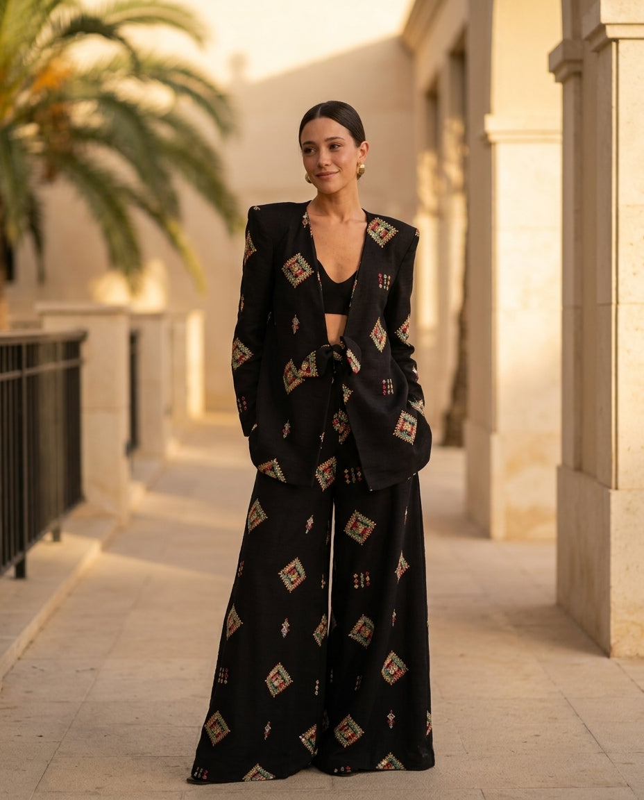 Black Bloom Summer Embroidered Jacket Black Jacket with Wide-Leg silhouette and Textured texture, lifestyle scene image for Office Edit, Weekend in The Hamptons, US East / Hamptons Elite by floravincie