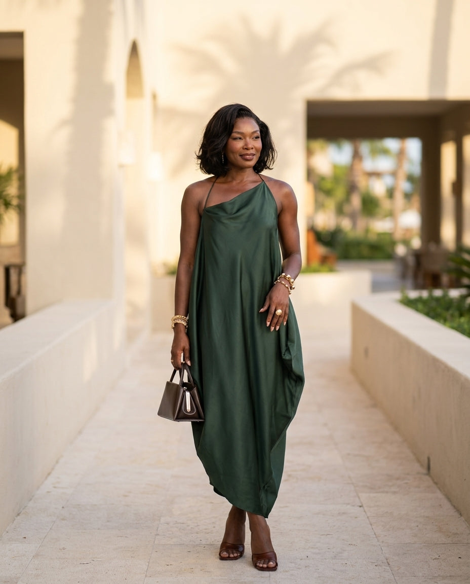 Dark Green Velvet Resort Satin Maxi Dress Dark Green Maxi Dress with Asymmetric silhouette and Satin texture, lifestyle scene image for Resort Wear, a gallery opening in Paris, Euro Chic Premium by floravincie