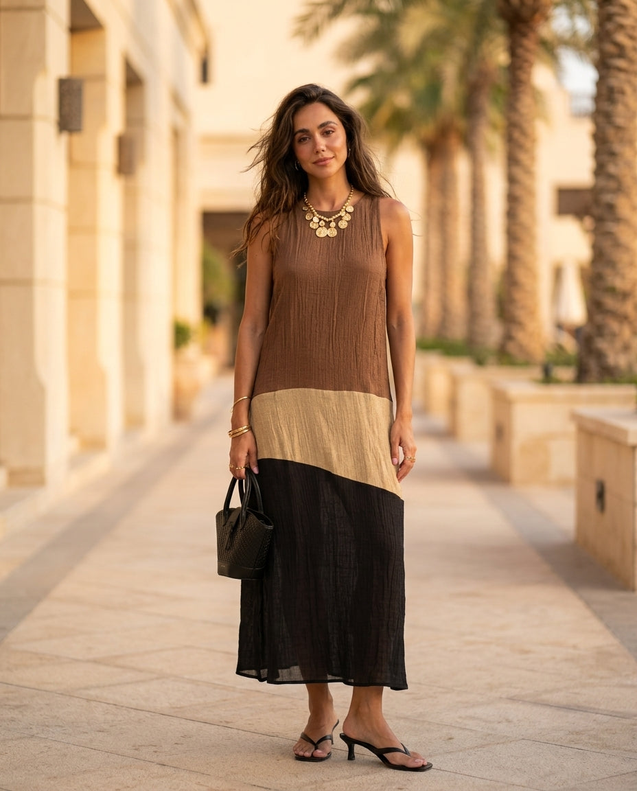 Brown Charm Resort Textured Maxi Dress Brown Maxi Dress with Asymmetric silhouette and Textured texture, lifestyle scene image for Resort Wear, an estate dinner at golden hour, US East / Hamptons Elite by floravincie