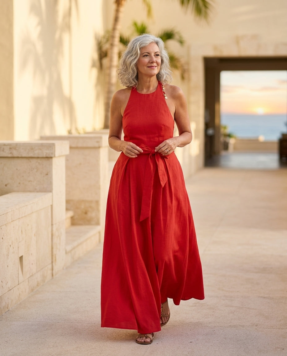 Red Velvet Resort Linen Maxi Dress Red Maxi Dress with Relaxed Fit silhouette and Linen Blend texture, lifestyle scene image for Resort Wear, Sunset in Malibu, US Coastal Glam by floravincie