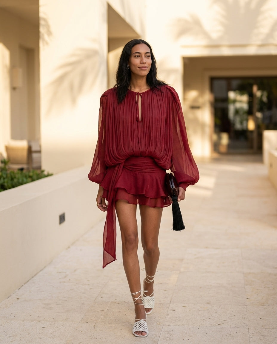 Burgundy Grace Evening Pleated Maxi Dress Burgundy Maxi Dress with Asymmetric silhouette and Textured texture, lifestyle scene image for Date Night, Sunset in Malibu, US Coastal Glam by floravincie