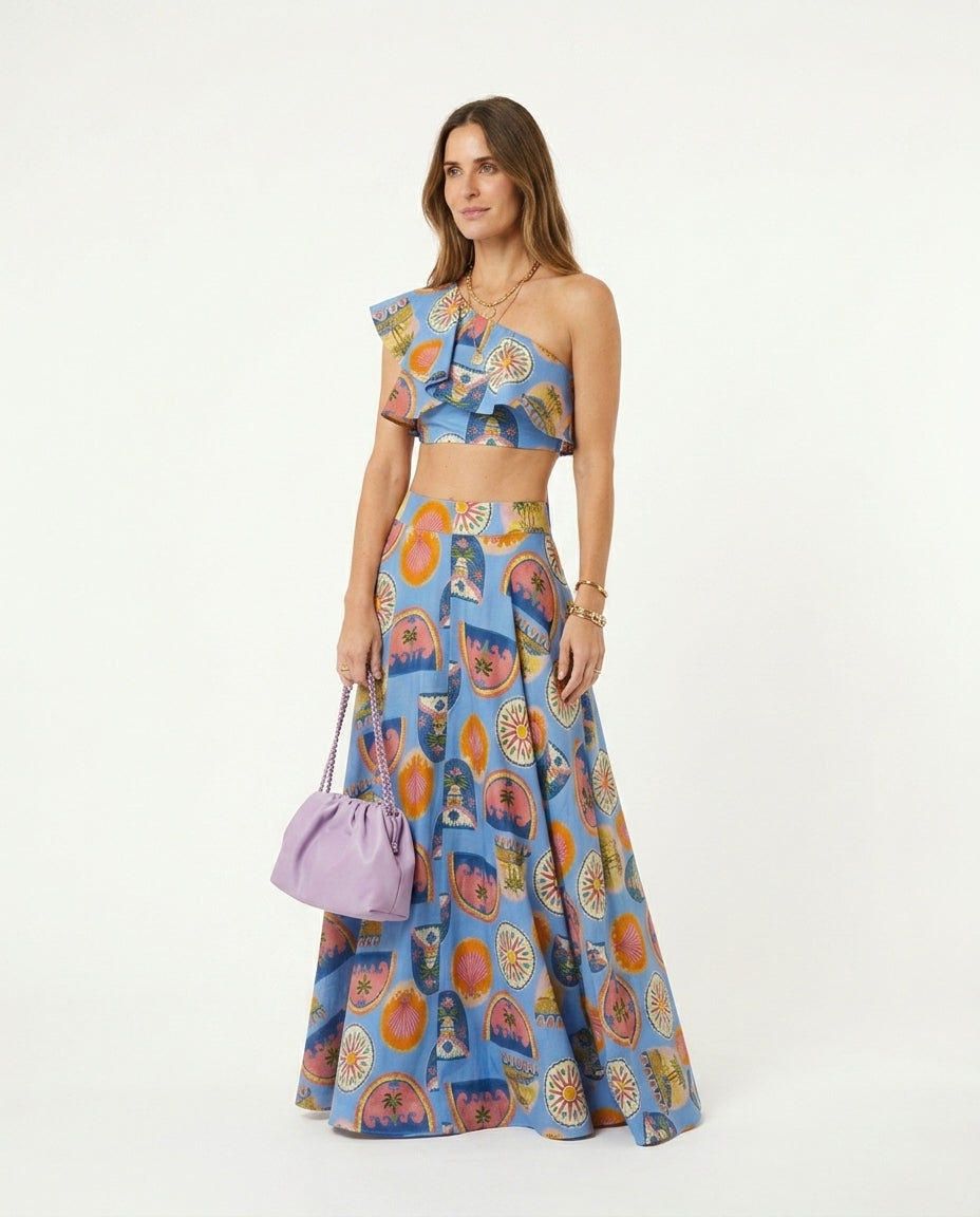 Blue Grace Summer Printed Two-Piece Set Blue Two-Piece Set with Asymmetric silhouette and Textured texture, lifestyle scene image for Weekend Escape, a rooftop dinner in LA, US Coastal Glam by floravincie