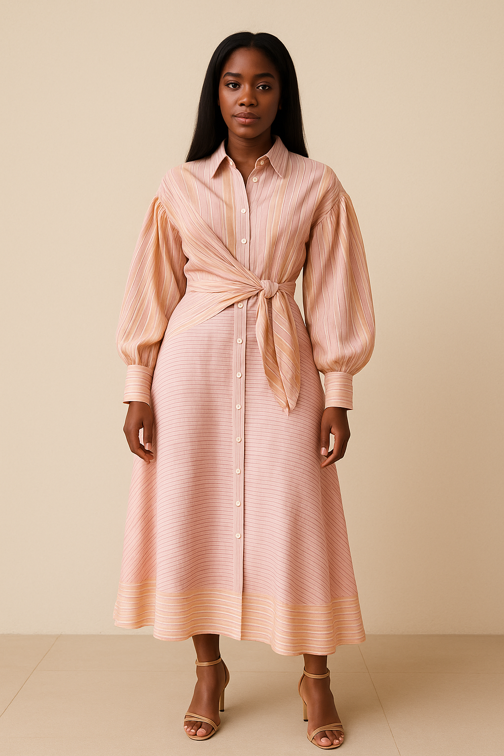 Pink Striped Waist Tie Button Front Midi Dress product image 4